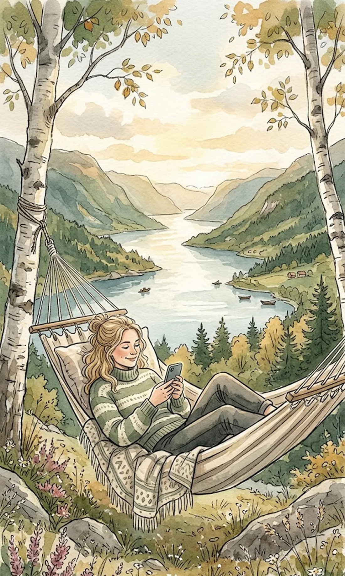 Ung kvinne ligger avslappet i en hengekøye ved en norsk fjord og sjekker økonomien sin i Slant på mobilen.